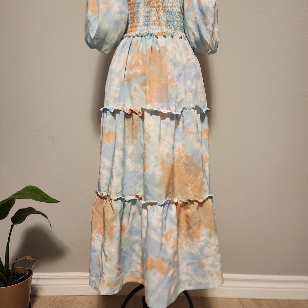 Tie Dye Tiered Maxi Dress Puff Sleeve Blue Orange Boho Size Medium - Picture 7 of 9